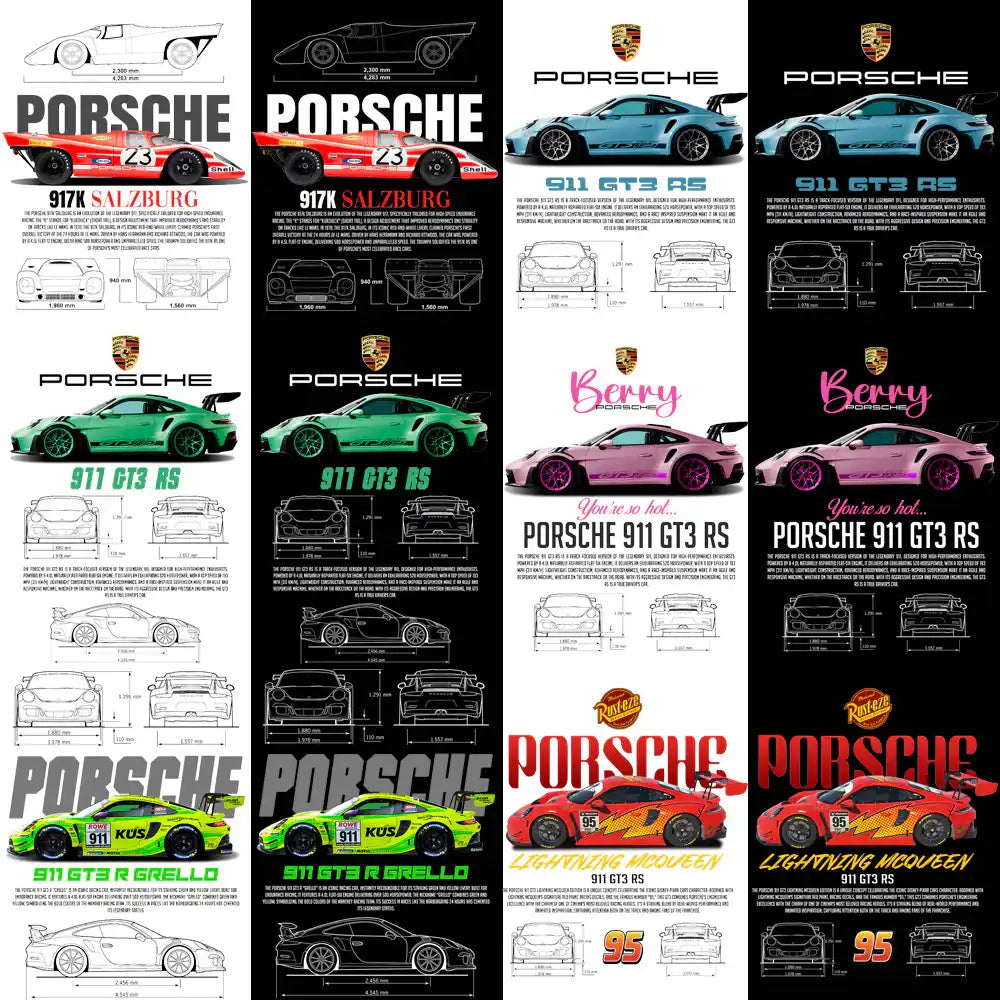 Porsche 911 GT3 RS, 917K Salzburg, and Lightning McQueen car designs for DTF, DTG, embroidery, SVG, PNG print-ready files