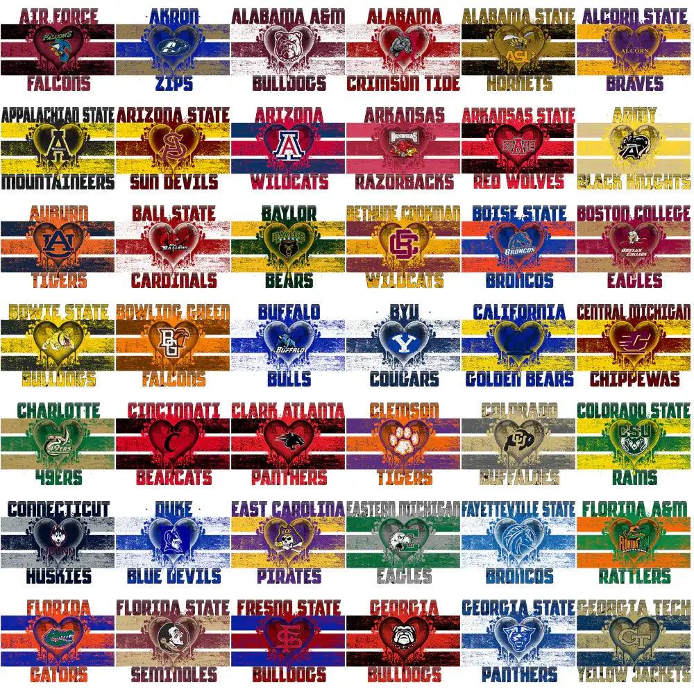 College team heart logos for DTF/DTG & embroidery designs, print-ready PNG/SVG/PES bundles