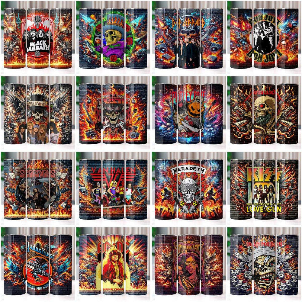 Rock band tumbler wraps featuring Black Sabbath, Metallica, AC/DC, and more with fiery designs