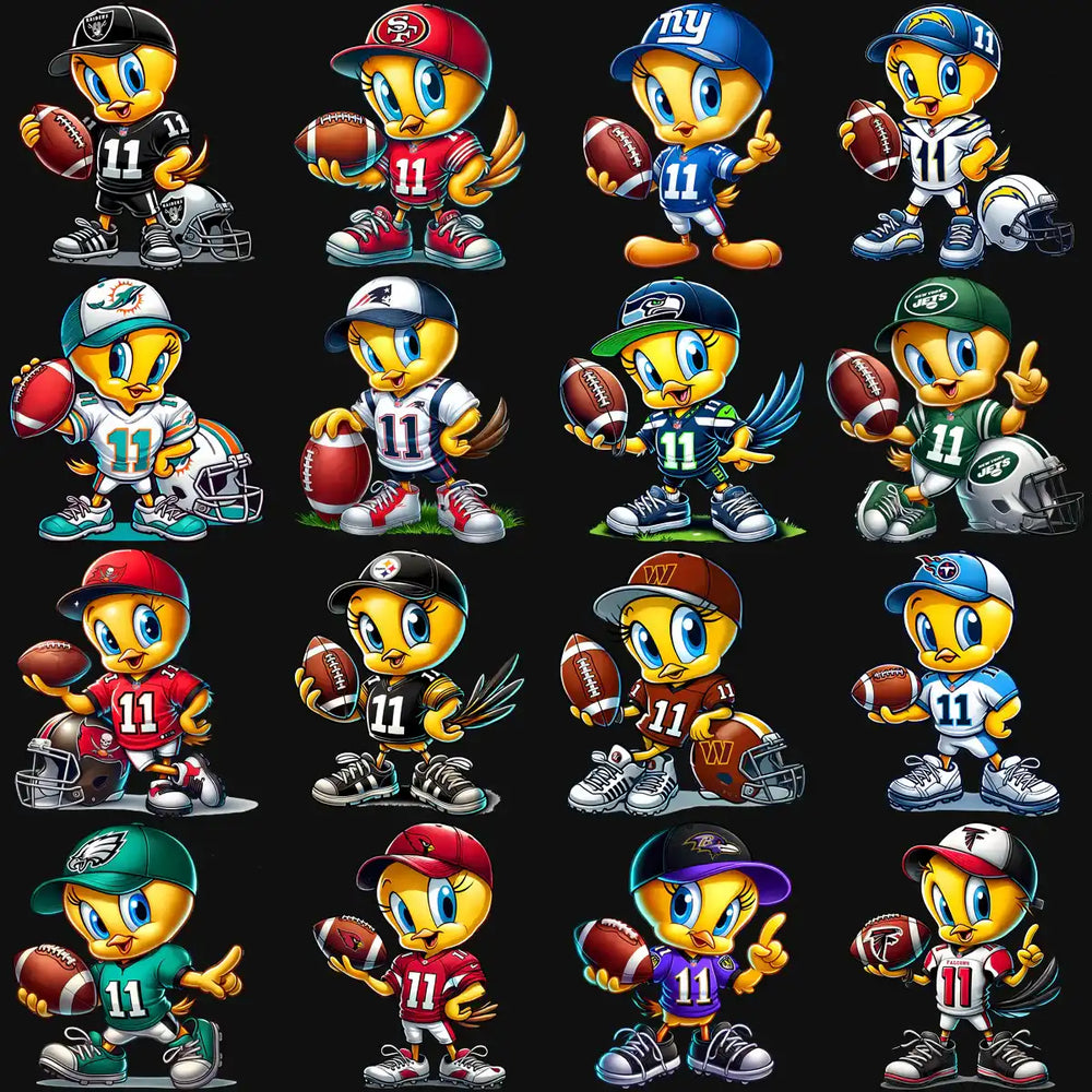 Cute cartoon bird in NFL team jerseys holding football, print-ready for DTF, DTG, embroidery designs