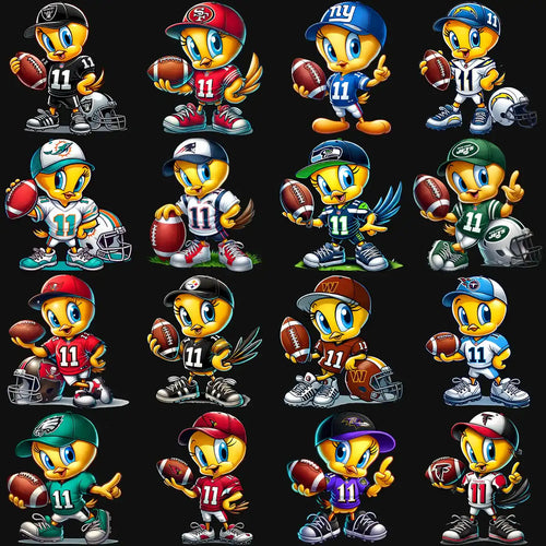 Cute cartoon bird in NFL team jerseys holding football, print-ready for DTF, DTG, embroidery designs