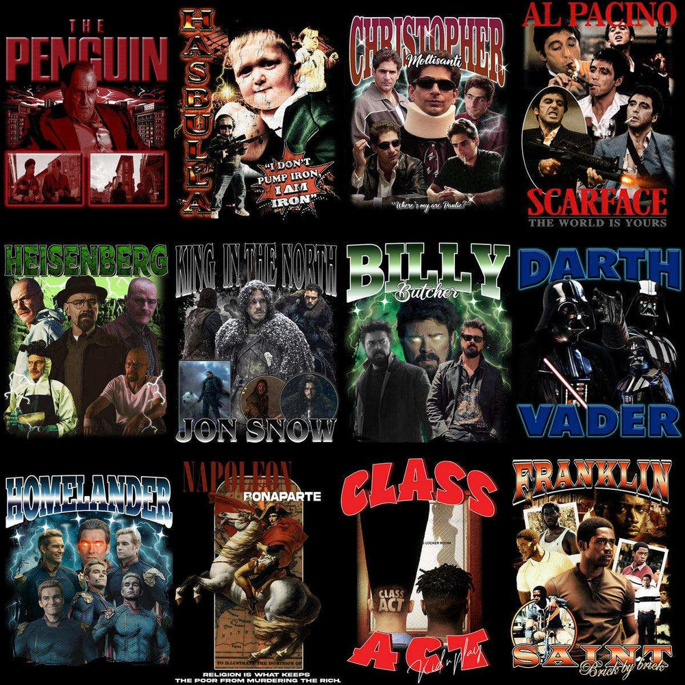 Movie & TV character t-shirt designs bundle, print-ready PNG/SVG for DTF/DTG, instant download