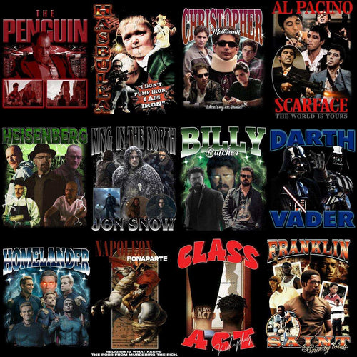 Movie & TV character t-shirt designs bundle, print-ready PNG/SVG for DTF/DTG, instant download