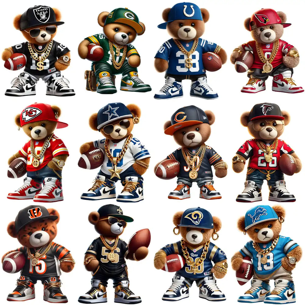 Teddy bears in NFL team jerseys, caps, and gold chains holding footballs, styled for DTF/DTG designs.