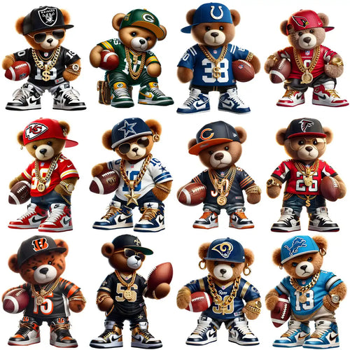 Teddy bears in NFL team jerseys, caps, and gold chains holding footballs, styled for DTF/DTG designs.
