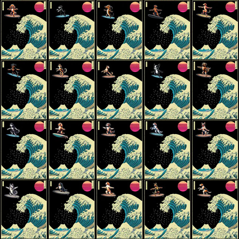Dog surfing designs with Hokusai wave, retro sunset, print-ready for DTG, DTF, embroidery