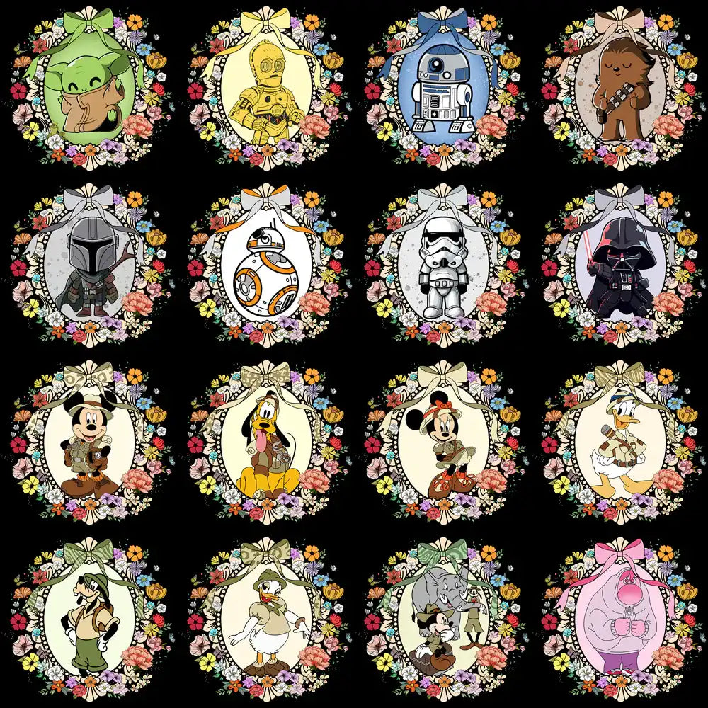 Star Wars and Disney characters in floral frames, print-ready designs for DTG, DTF, embroidery