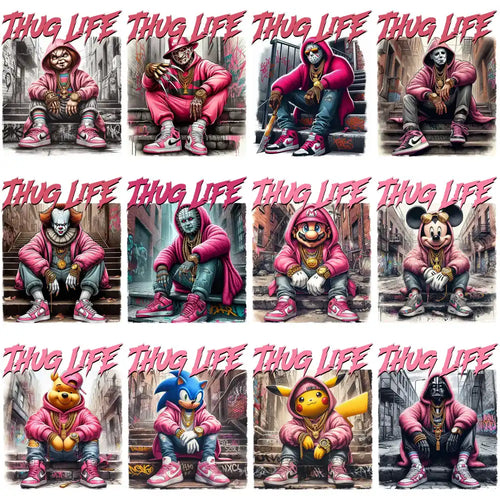 Thug Life meme bundle featuring pop culture characters in pink hoodies, graffiti alleys, and bold text for DTF/DTG printing.