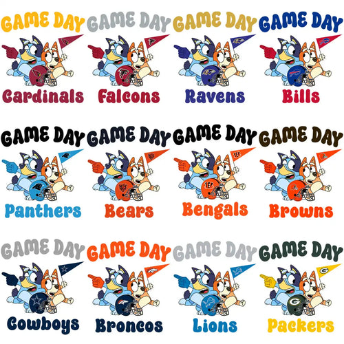 Game Day NFL team designs with cartoon dogs and helmets for print-ready merch