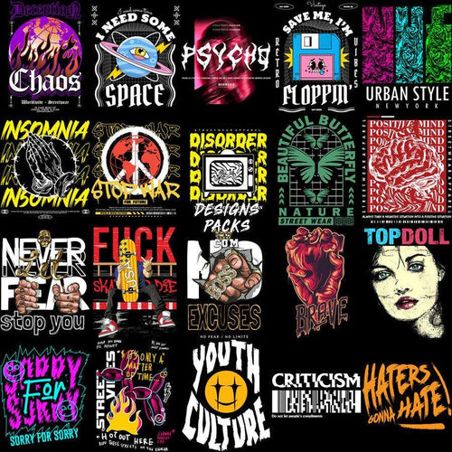 Streetwear graphic designs for t-shirts, featuring bold typography, vibrant colors, and edgy themes like chaos, space, and youth culture.