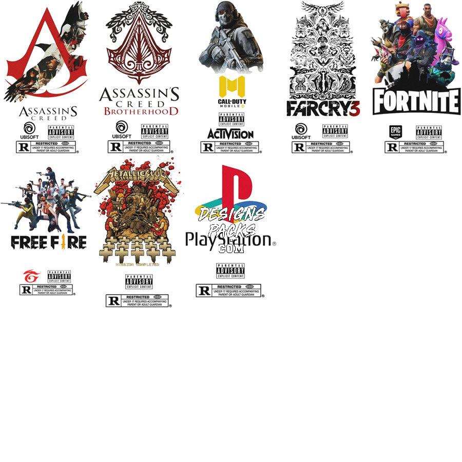 Video game logos including Assassin's Creed, Fortnite, and PlayStation for print-ready designs