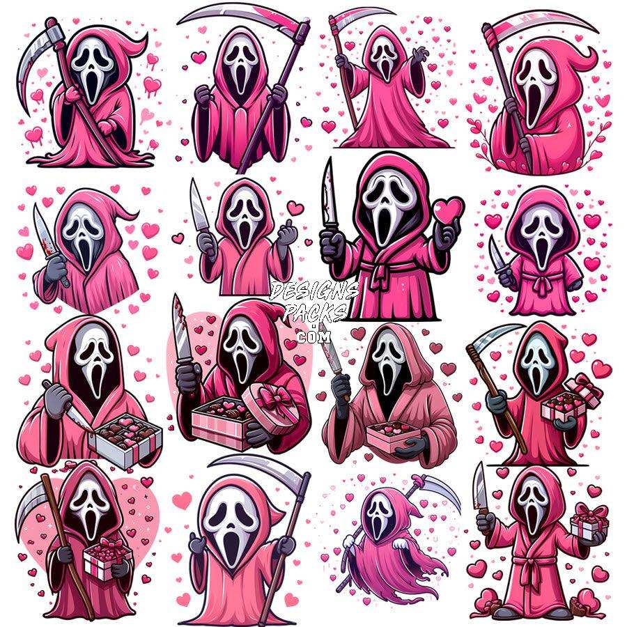 Pink Grim Reaper with hearts, scythe, knife, and gifts for Valentine's Day designs