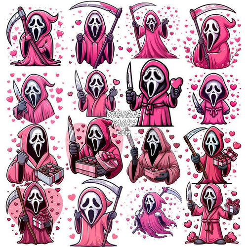Pink Grim Reaper with hearts, scythe, knife, and gifts for Valentine's Day designs