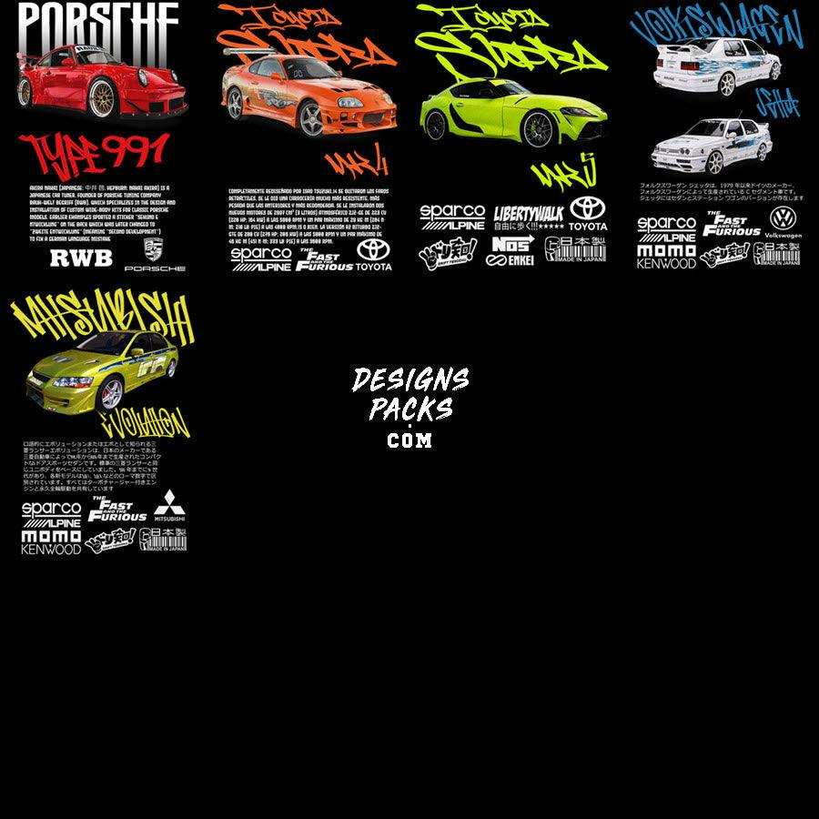 Fast & Furious car designs with Porsche, Toyota, Volkswagen, and Mitsubishi for DTF/DTG printing