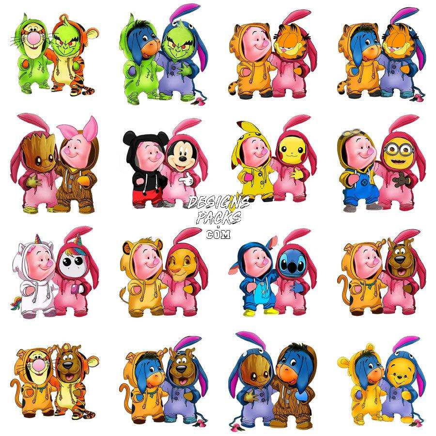 Cute cartoon character pairs in colorful costumes, perfect for DTF, DTG, embroidery, and tumbler designs