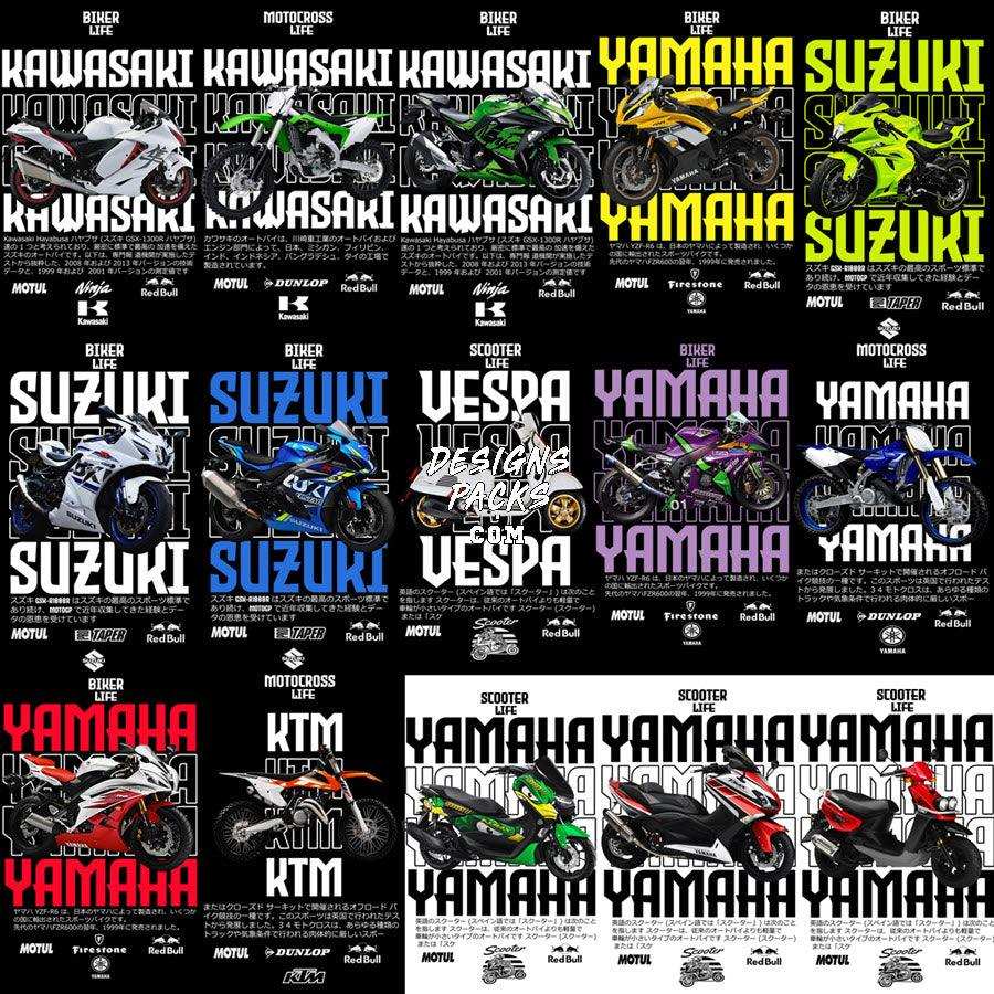 Motorcycle designs for DTF/DTG, embroidery, and tumbler wraps featuring Kawasaki, Yamaha, Suzuki, Vespa, and KTM.