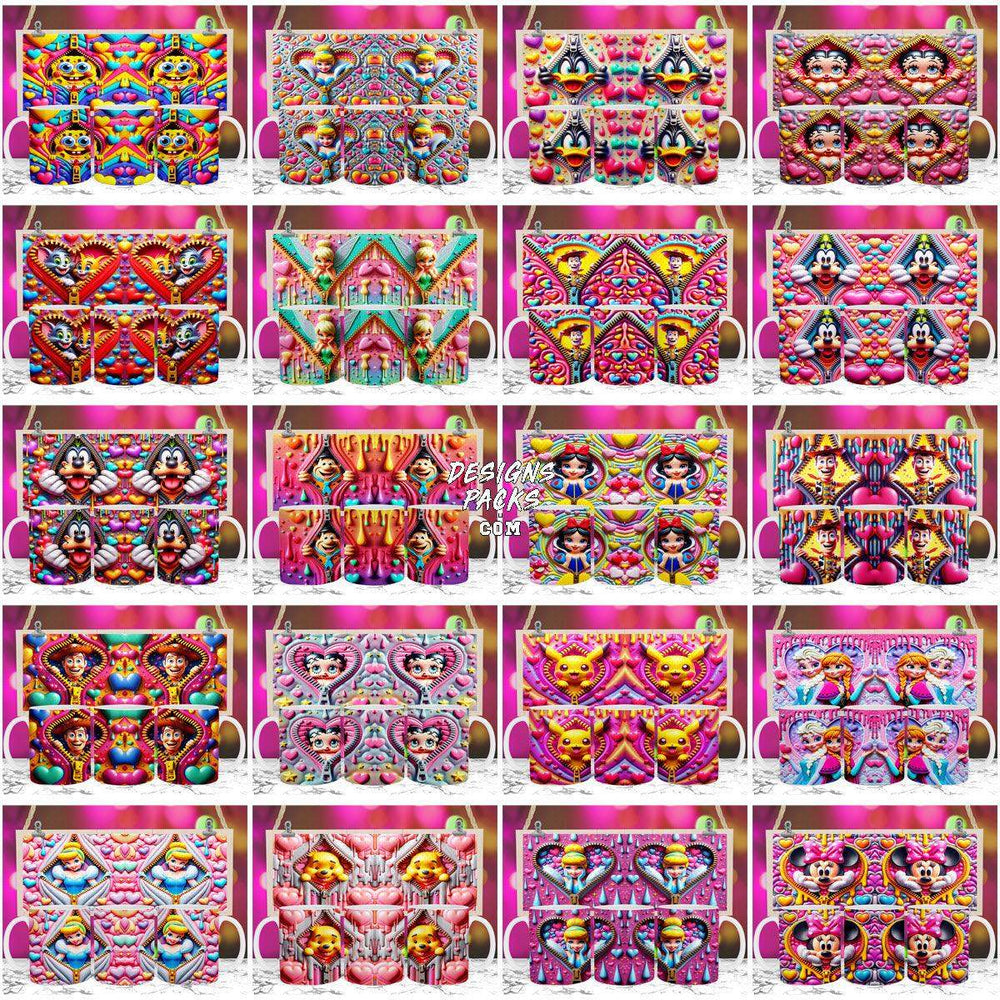 Vibrant DTF/DTG tumbler wrap designs featuring cartoon characters in colorful, symmetrical patterns.