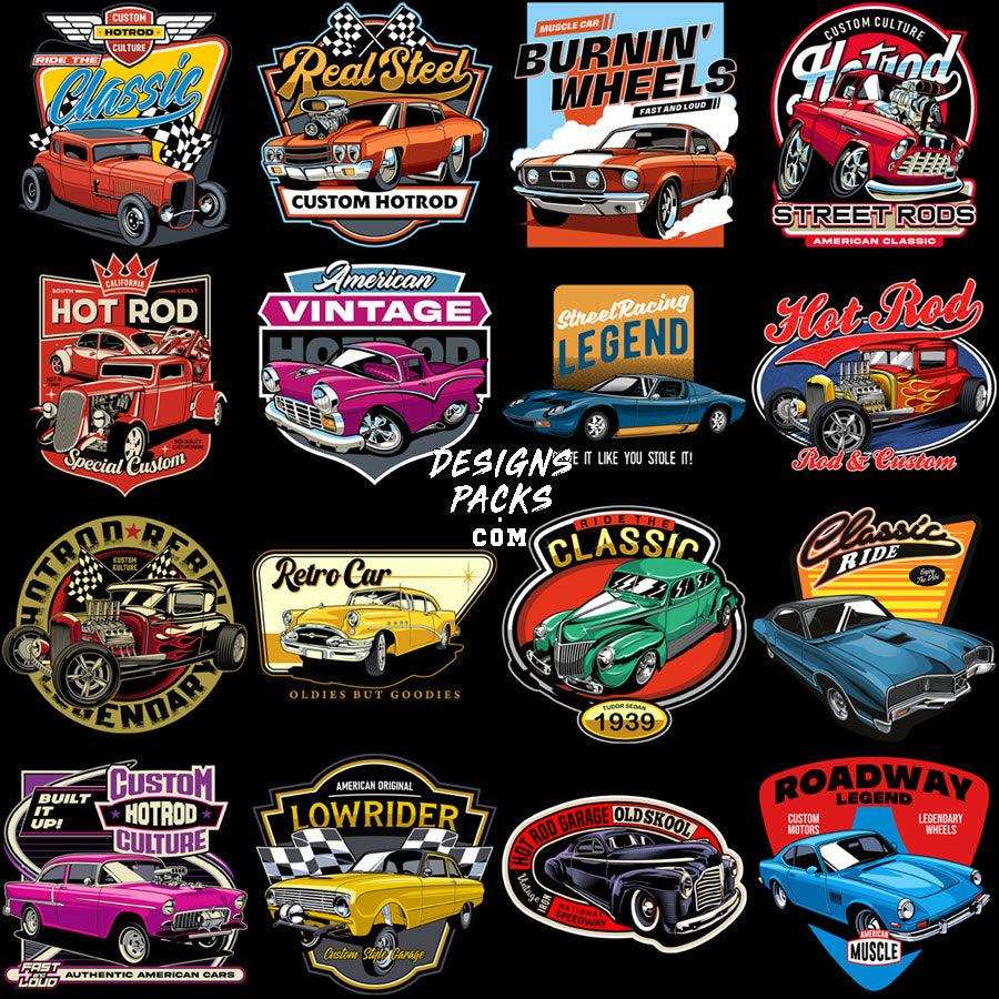 Hot rod and classic car designs for DTF, DTG, and embroidery with vintage themes and bold graphics.
