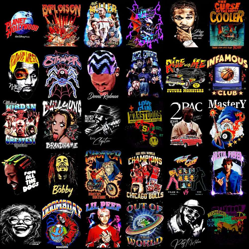 Print-ready DTF/DTG designs featuring pop culture, music icons, and retro graphics for t-shirts and merch.