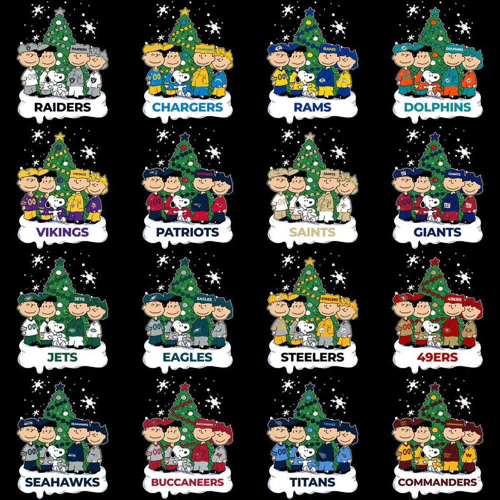 Peanuts characters in NFL team jerseys with Christmas trees, festive holiday designs for print