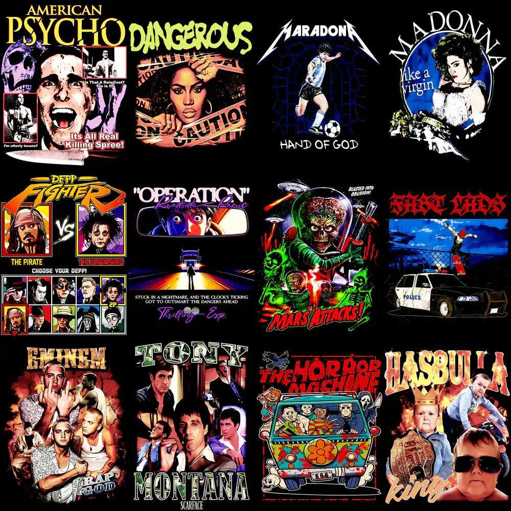 Print-ready DTF/DTG designs featuring iconic movie, music & pop culture graphics for t-shirts