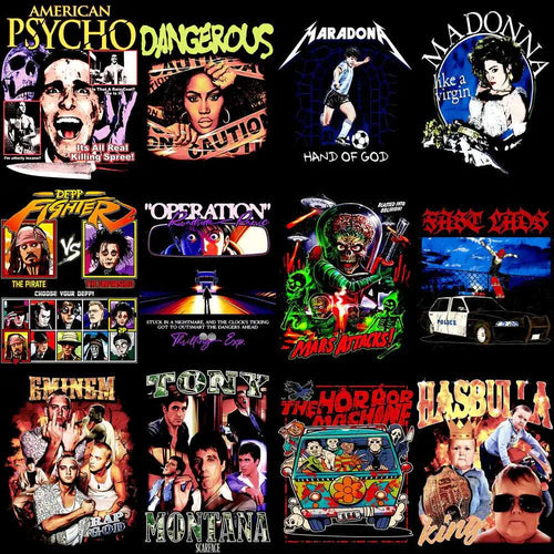 Print-ready DTF/DTG designs featuring iconic movie, music & pop culture graphics for t-shirts