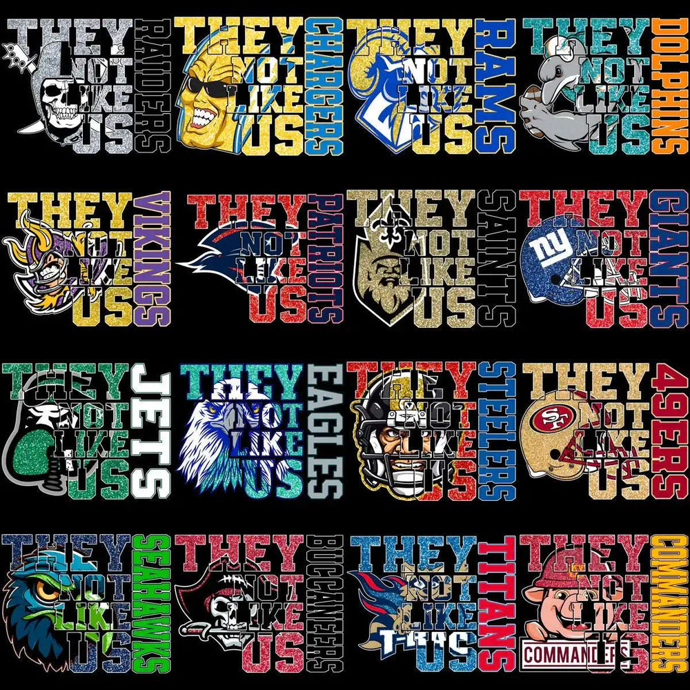 NFL team designs with 'They Not Like Us' text for DTF/DTG and embroidery projects
