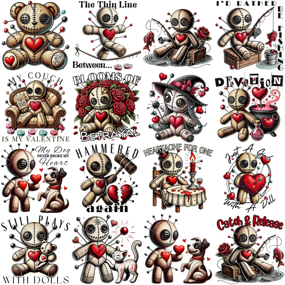 Voodoo doll designs with hearts, roses, and phrases for DTF, DTG, embroidery. Print-ready PNG, SVG, PES.