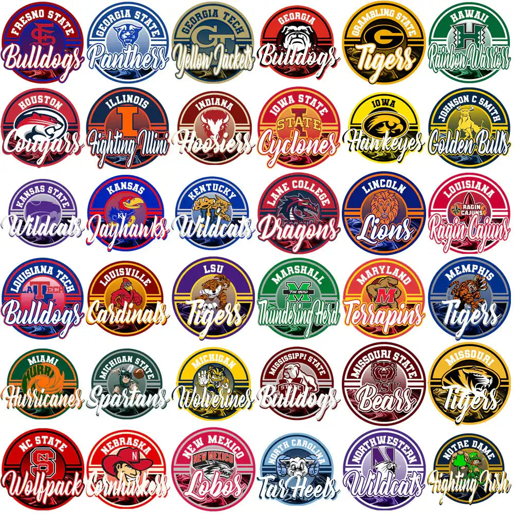 College sports team logos for DTF/DTG and embroidery designs, featuring mascots and school names.