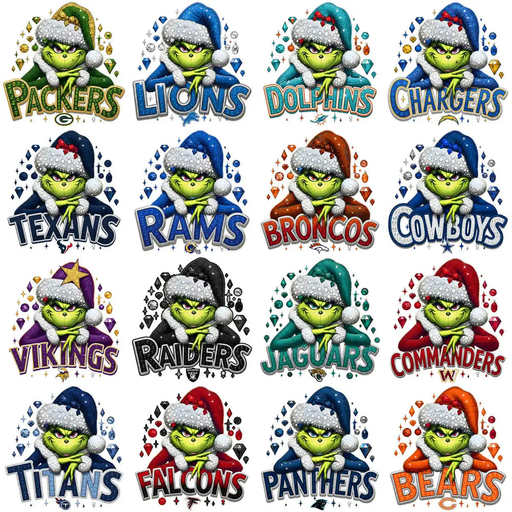 Grinch NFL team designs for DTF, DTG, embroidery, tumbler wraps – festive print-ready graphics
