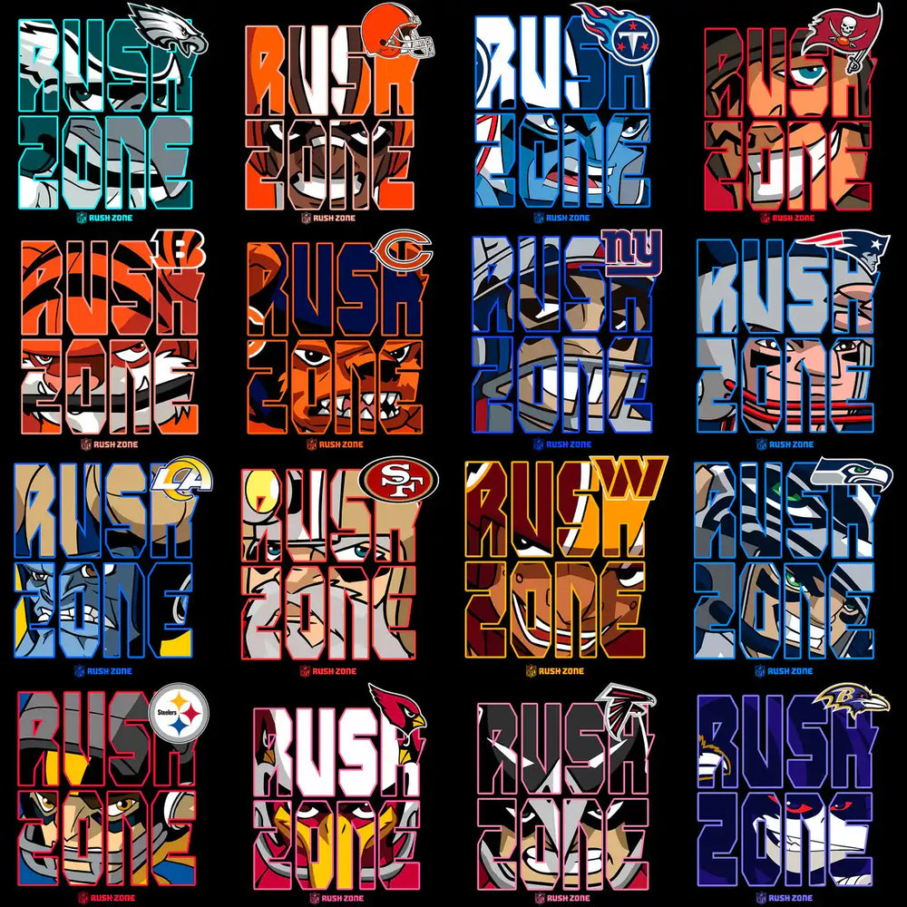 Rush Zone NFL team designs for DTF/DTG and embroidery, print-ready PNG, SVG, PES files