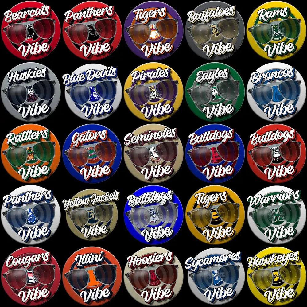 College team vibe sunglasses designs for DTF/DTG printing, featuring logos and bold colors.