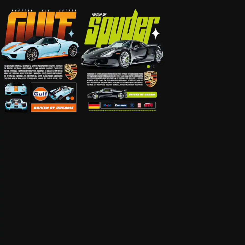 Porsche 918 Spyder Gulf Edition and standard model with branding and specs for print-ready designs