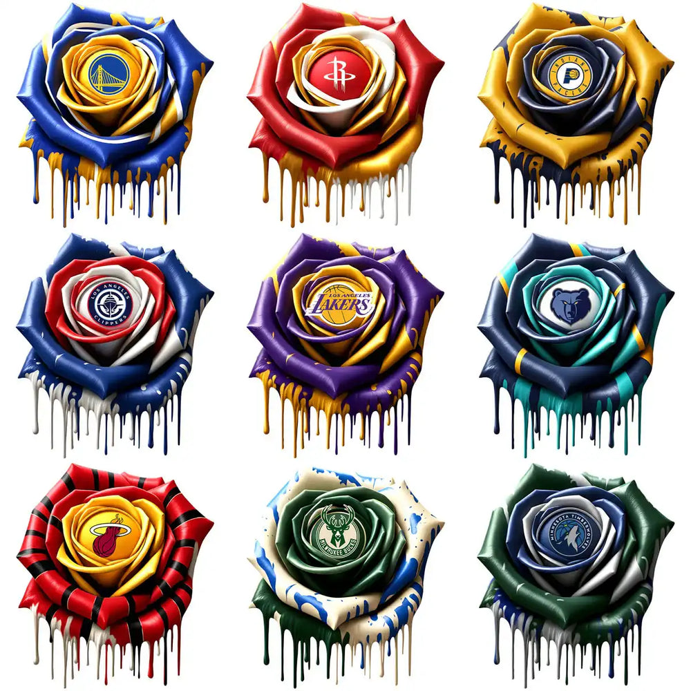 NBA team logo roses with dripping paint effect, perfect for DTF/DTG and embroidery designs.