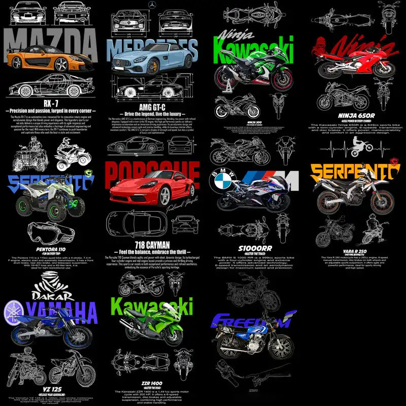 Car and motorcycle design bundles for DTF, DTG, embroidery – print-ready PNG, SVG, PES files