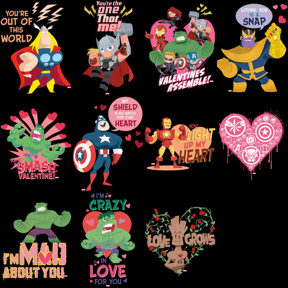 Marvel Valentine's Day designs featuring Thor, Hulk, Iron Man, and Captain America with romantic quotes.