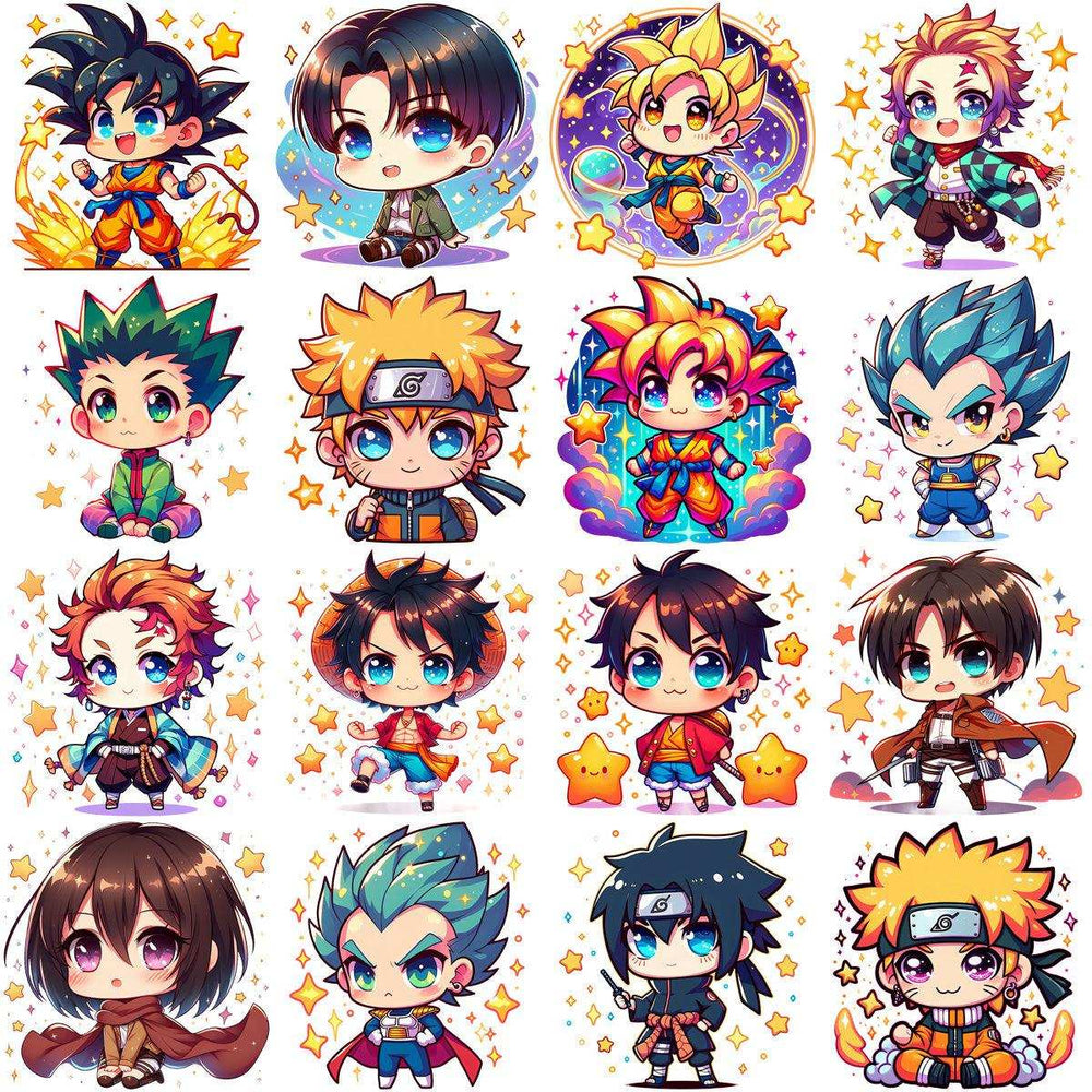 Chibi anime characters with vibrant colors and starry backgrounds, perfect for DTF/DTG designs.