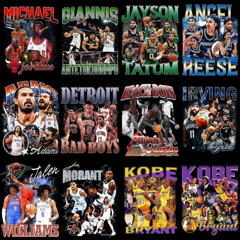 Basketball player designs for DTF DTG embroidery, featuring Michael Jordan, Giannis, Kobe Bryant, and more