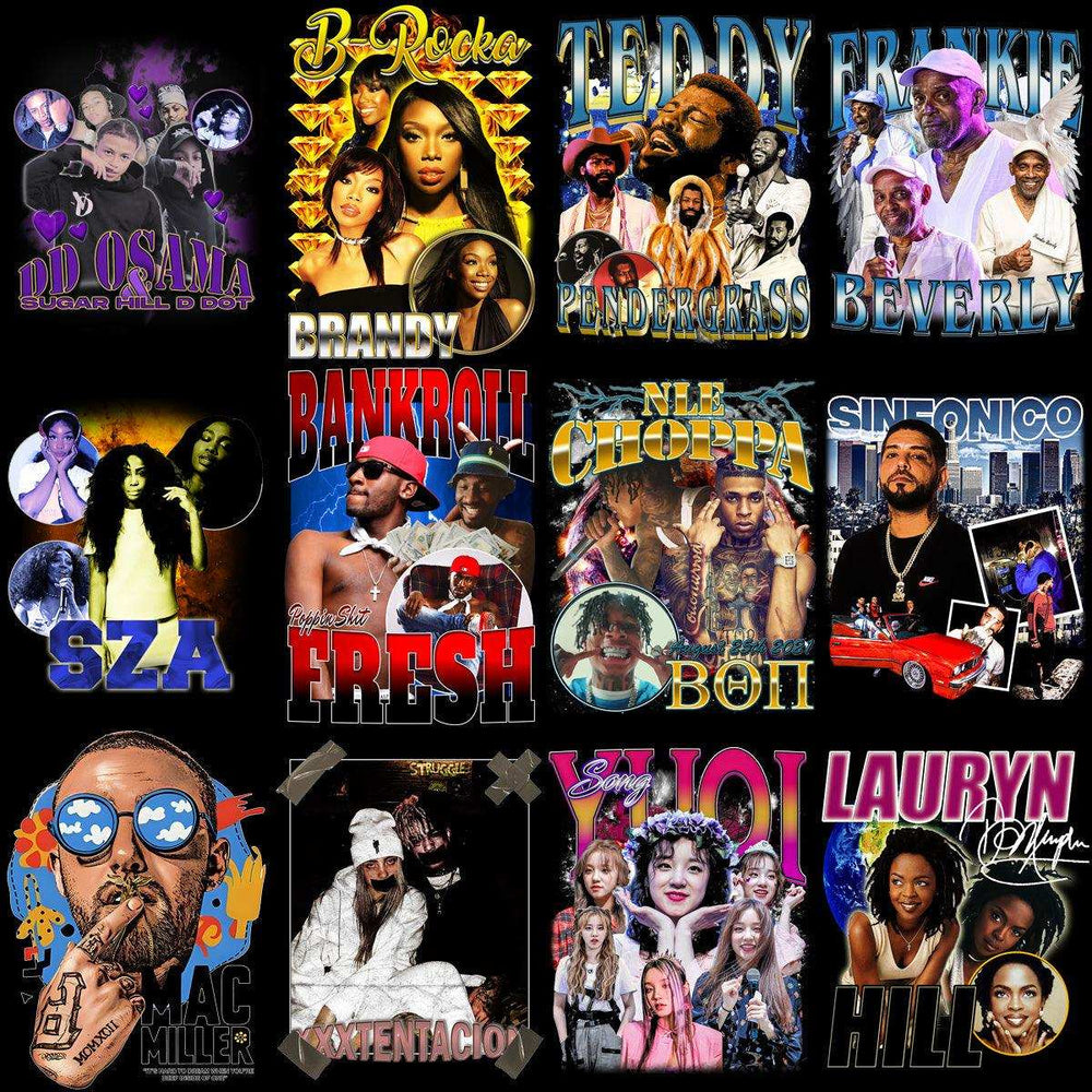 Print-ready artist designs for DTF/DTG, embroidery, and tumbler wraps featuring vibrant celebrity graphics.