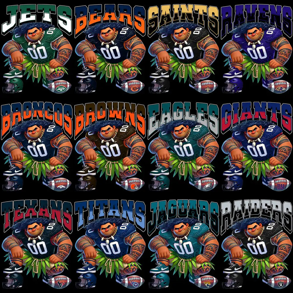Cartoon football player designs for NFL teams, print-ready PNG, DTF/DTG bundles