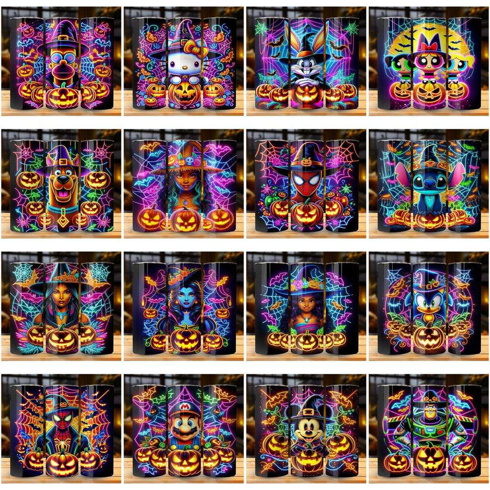 Neon Halloween tumbler wraps with cartoon characters, pumpkins, and spooky designs for sublimation printing