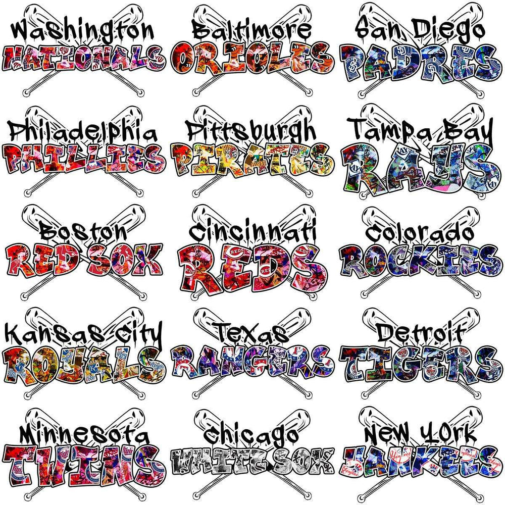Baseball team logos with colorful, collage-style designs and crossed bats for DTF/DTG printing.