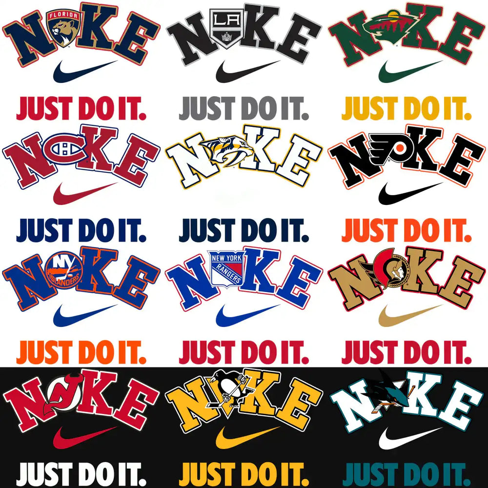 NHL team parody designs with 'NOKE' and 'Just Do It' slogans, print-ready for DTF/DTG