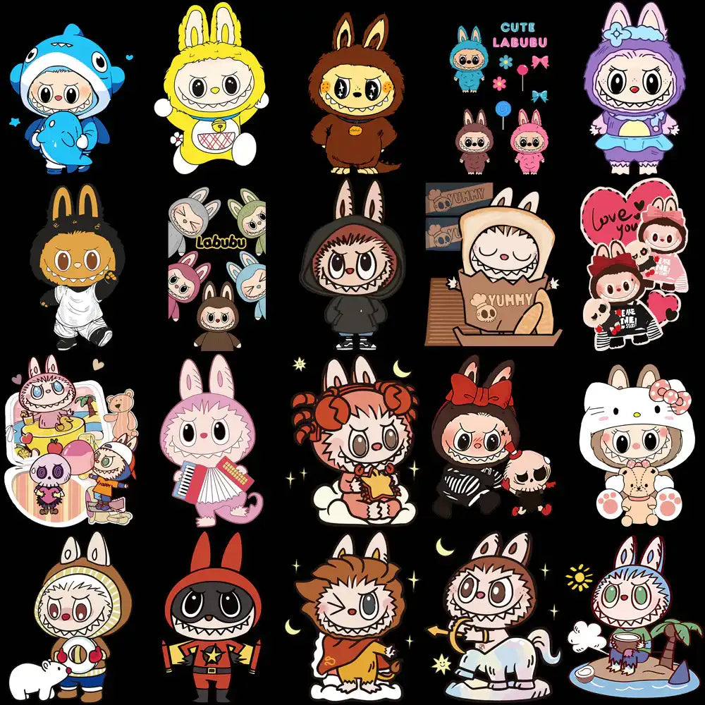 Cute Labubu characters in colorful costumes, perfect for DTF, DTG, embroidery & tumbler designs