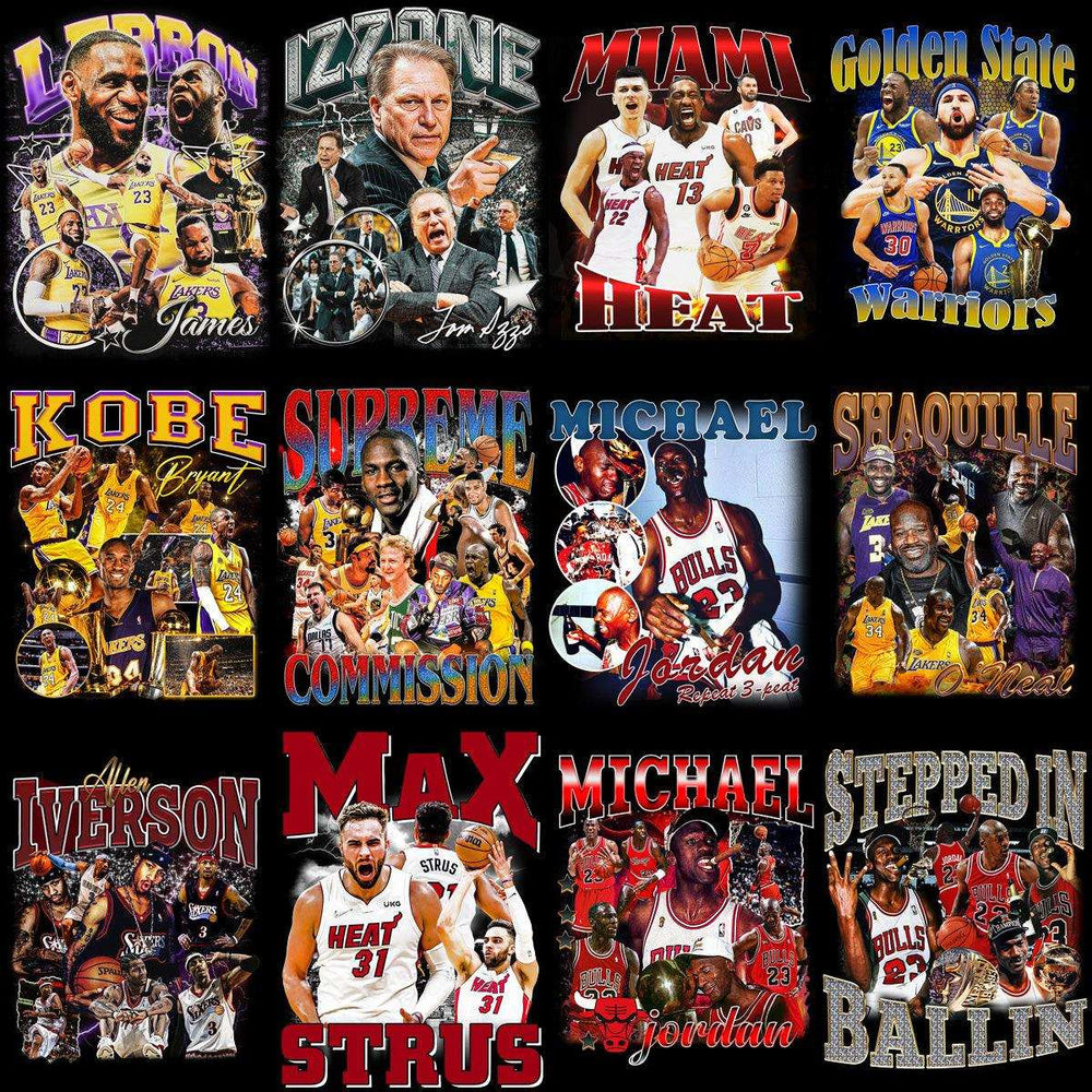 Basketball player designs for DTF/DTG, embroidery, and tumbler wraps featuring NBA legends and teams.