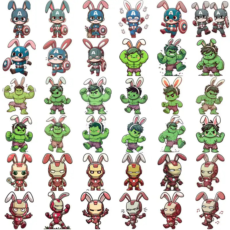 Cute bunny-eared superhero designs: Captain America, Hulk, Iron Man for DTF/DTG printing
