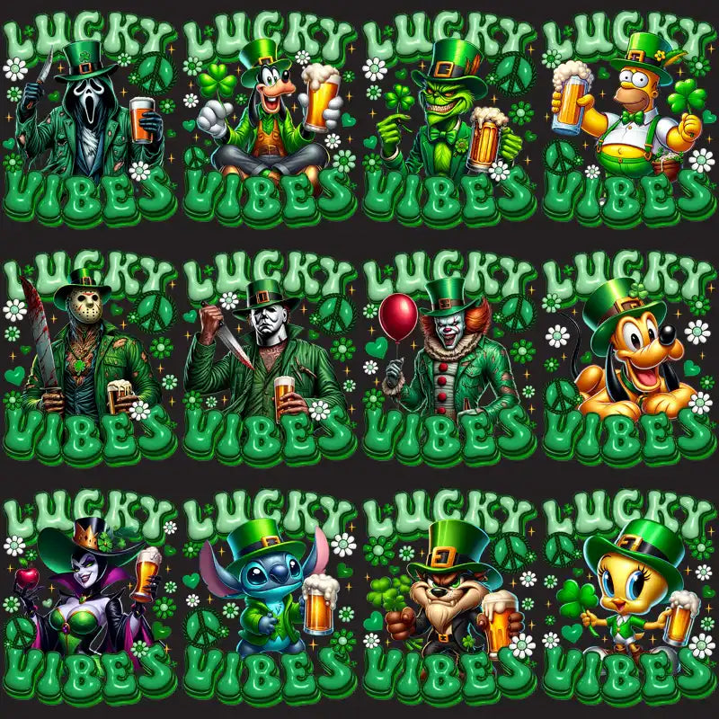 Lucky Vibes St. Patrick’s Day designs featuring cartoon characters in green hats with beer, shamrocks, and peace signs.