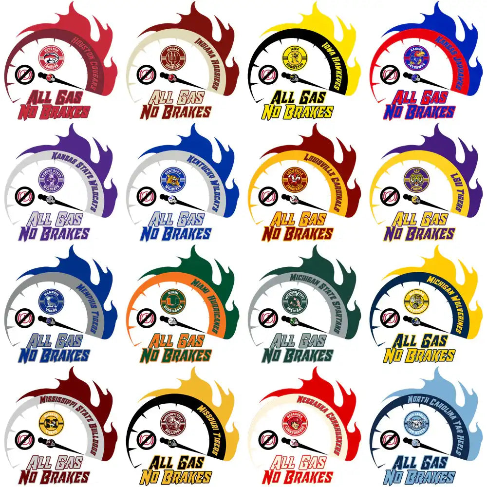All Gas No Brakes speedometer designs with college team logos and flame accents for print-ready use.