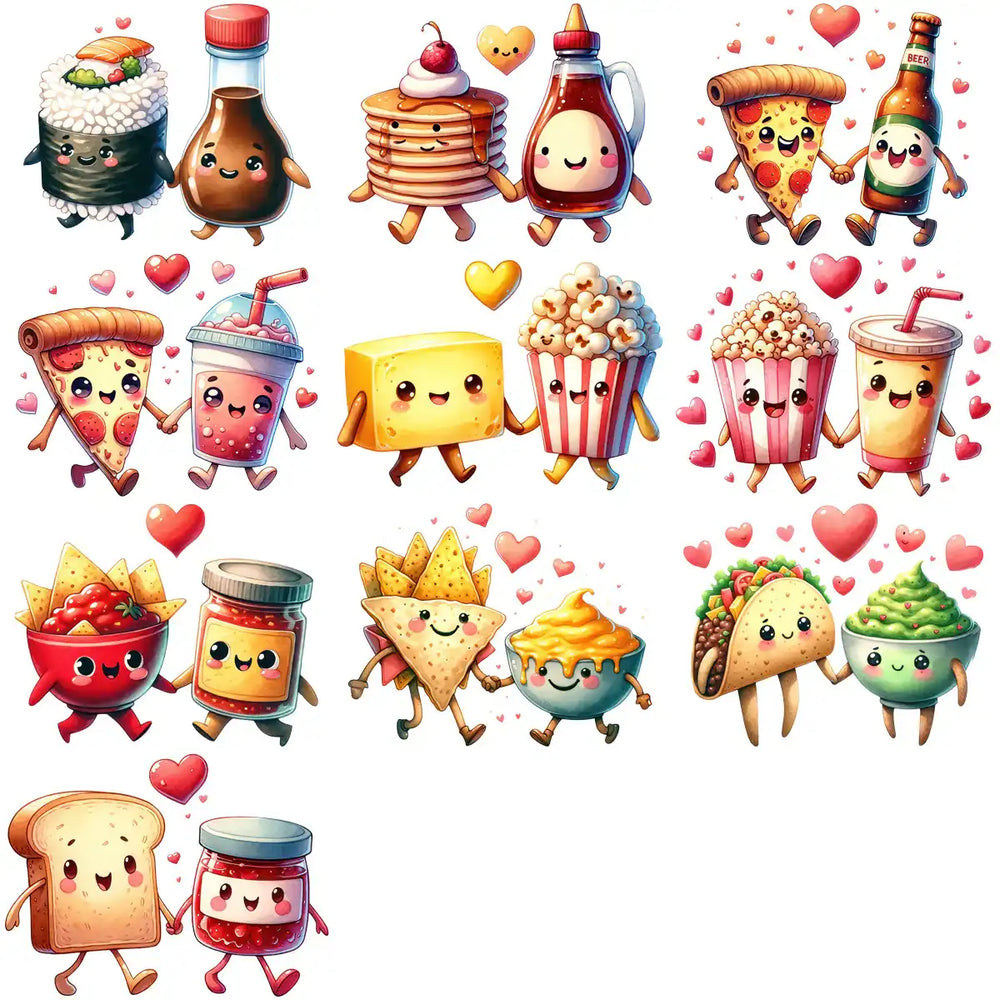 Cute food pairs with hearts, perfect for DTF/DTG and embroidery designs.