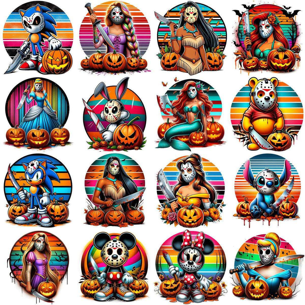 Halloween DTF/DTG designs featuring horror-themed cartoon characters with pumpkins and knives, print-ready PNG/SVG